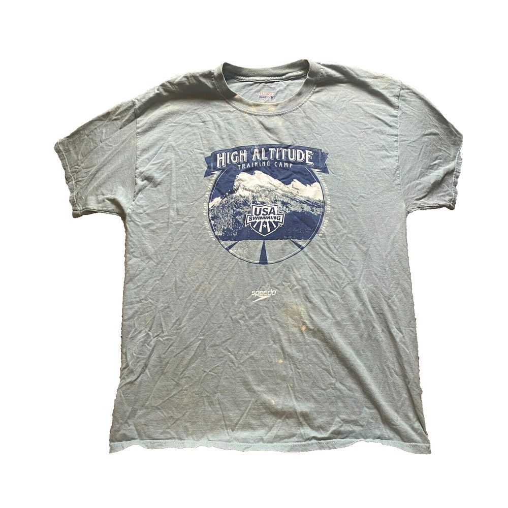 USA‎ Swimming Speedo Shirt Adult Large Light Blue Training Camp Swim Hanes Mens